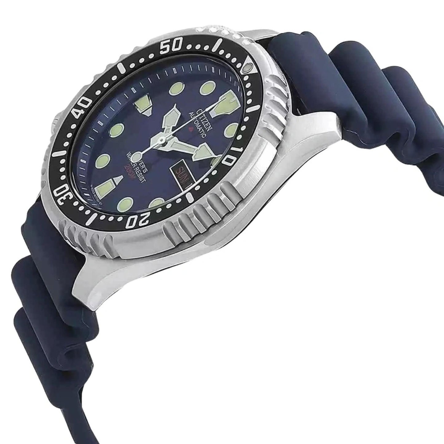 Side view of the Citizen Promaster NY0040-17L watch with rotating bezel, blue dial, and blue rubber strap.