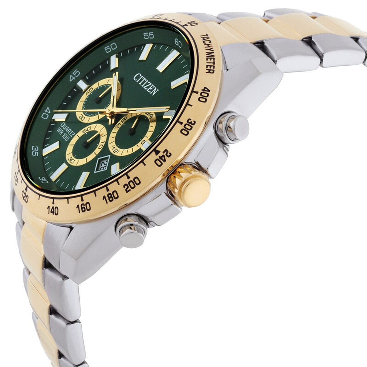 Citizen Sports Chronograph AN8234-58X with a green chronograph dial, gold-tone tachymeter bezel, gold-tone crown, silver-tone pushers, and two-tone stainless steel bracelet.