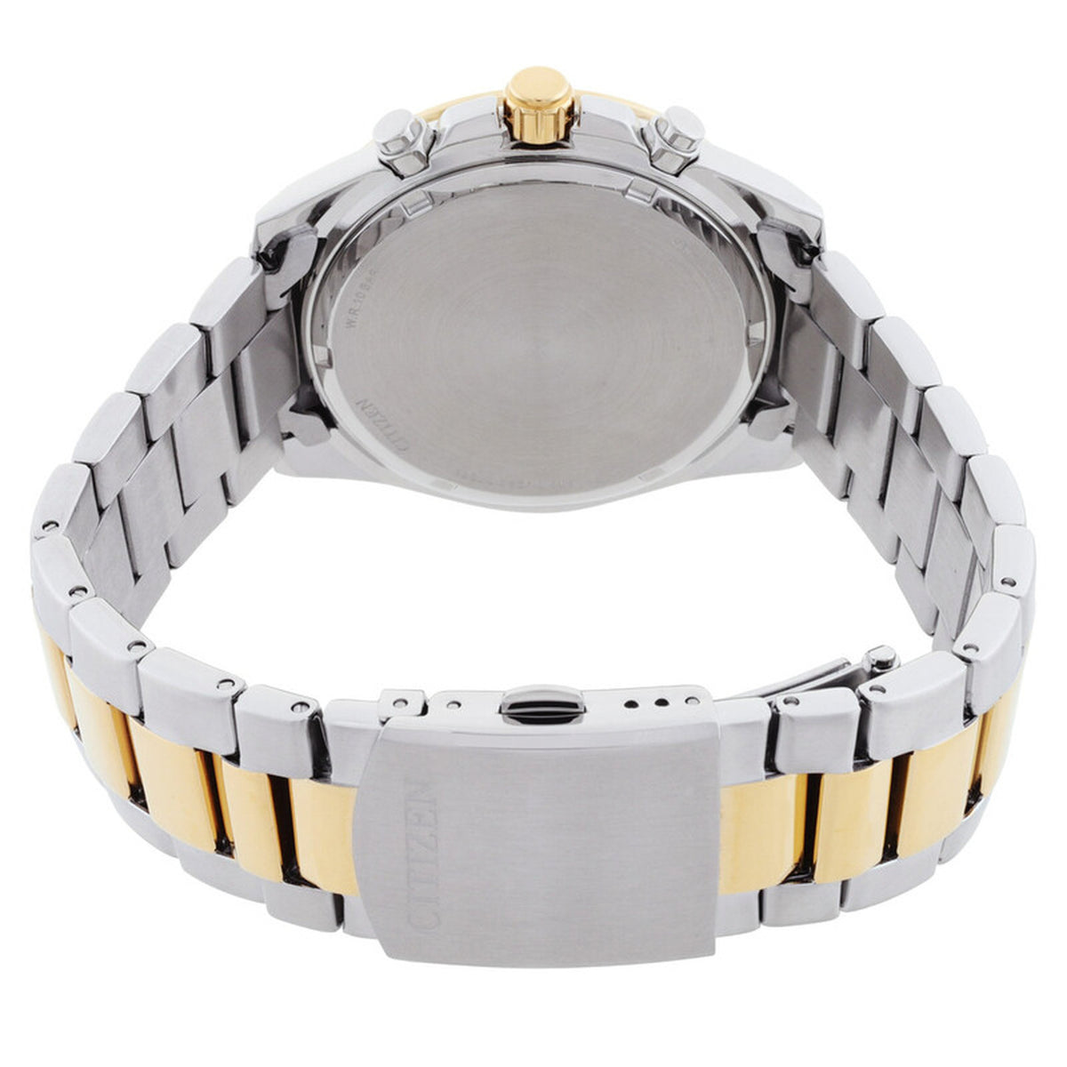 Citizen Sports Chronograph AN8234-58X with a silver-tone caseback, gold-tone crown, chronograph pushers, and two-tone stainless steel bracelet with fold-over clasp.