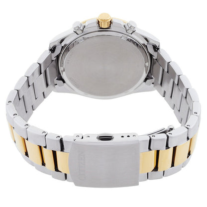 Citizen Sports Chronograph AN8234-58X with a silver-tone caseback, gold-tone crown, chronograph pushers, and two-tone stainless steel bracelet with fold-over clasp.