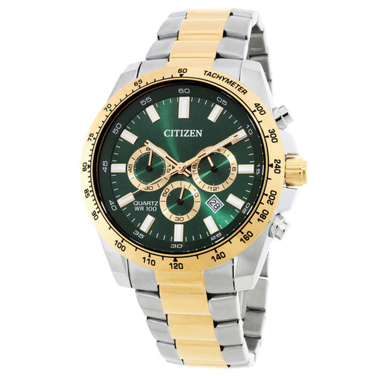 Citizen Sports Chronograph AN8234-58X with a green sunray chronograph dial, gold-tone tachymeter bezel, silver and gold-tone stainless steel case, and matching two-tone bracelet.