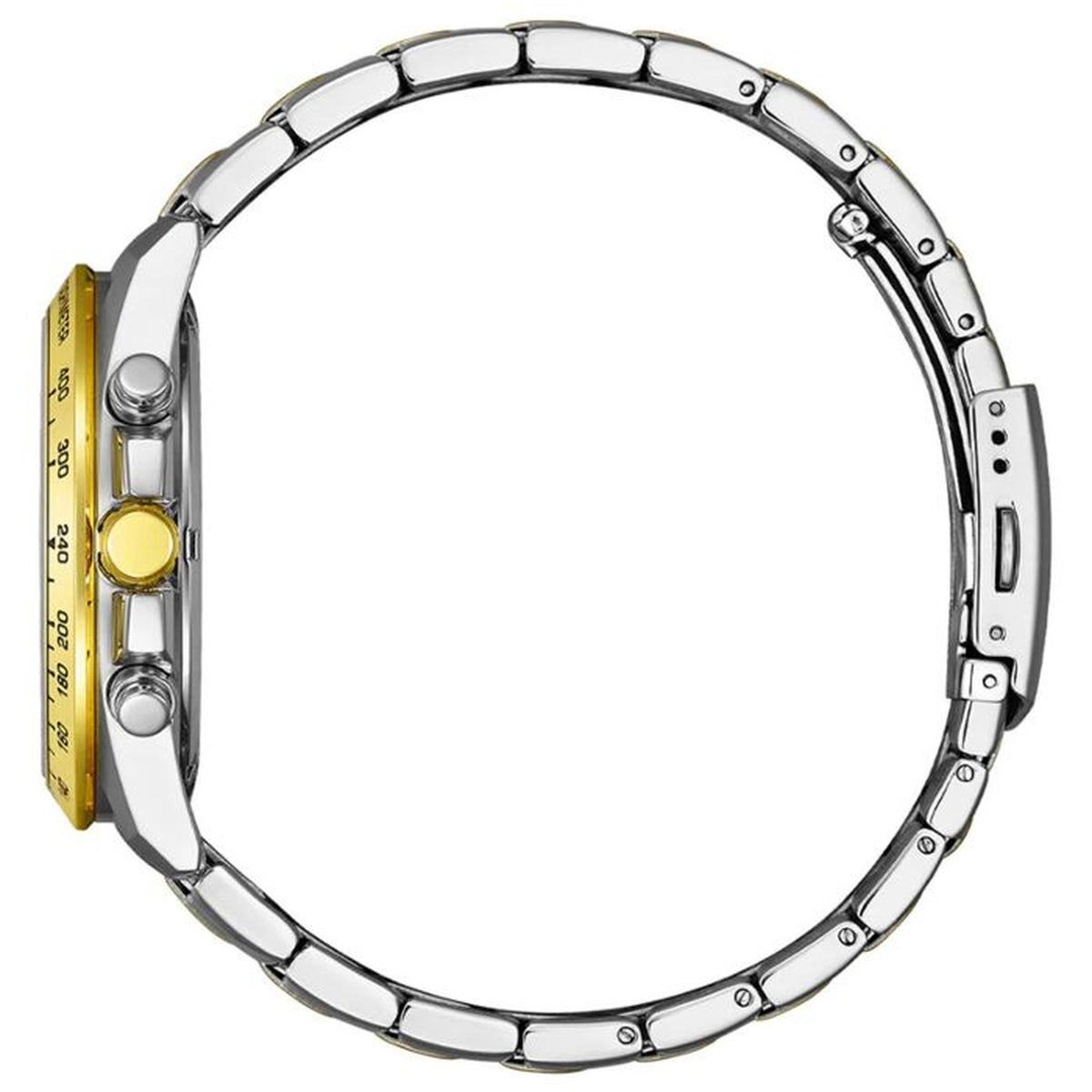 Citizen Sports Chronograph AN8234-58X with a side profile showing the gold-tone tachymeter bezel, crown and chronograph pushers, silver-tone case, and two-tone stainless steel bracelet.