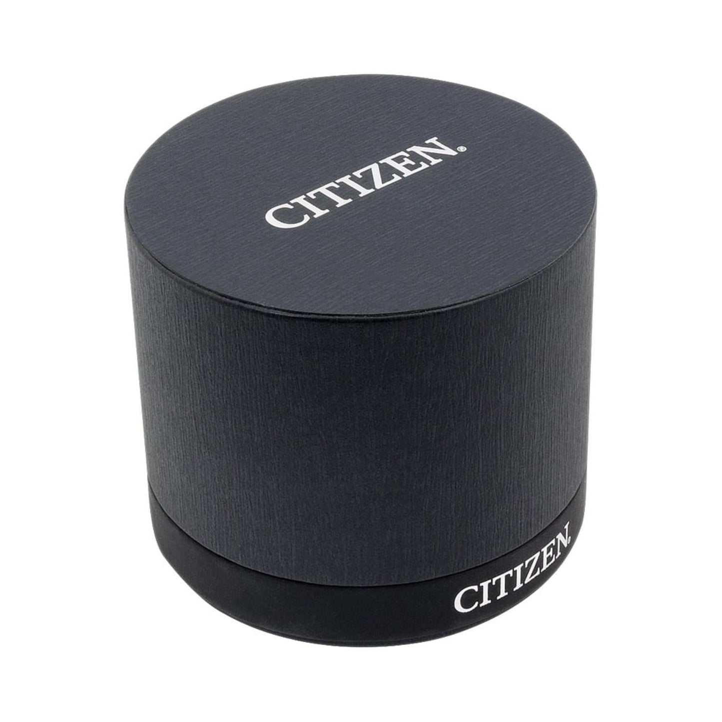 Citizen watch box in black round case with logo branding and textured finish for product presentation and storage
