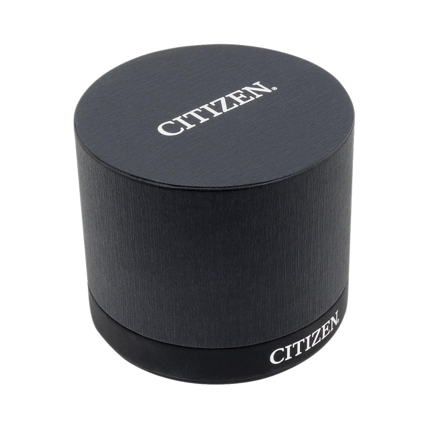 Citizen watch box in black round case with logo branding and textured finish for product presentation and storage