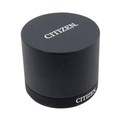 Citizen watch box in black round case with logo branding and textured finish for product presentation and storage