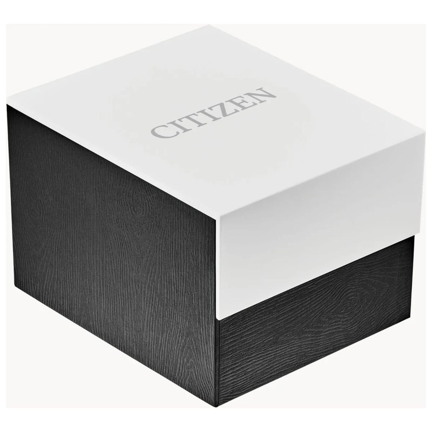 Citizen watch box with white lid and black textured base used for official watch packaging and presentation