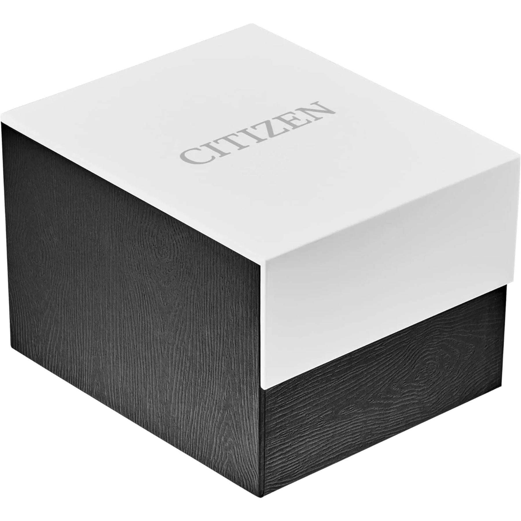 Citizen branded watch box with white lid and black textured base used for packaging and presentation of watches