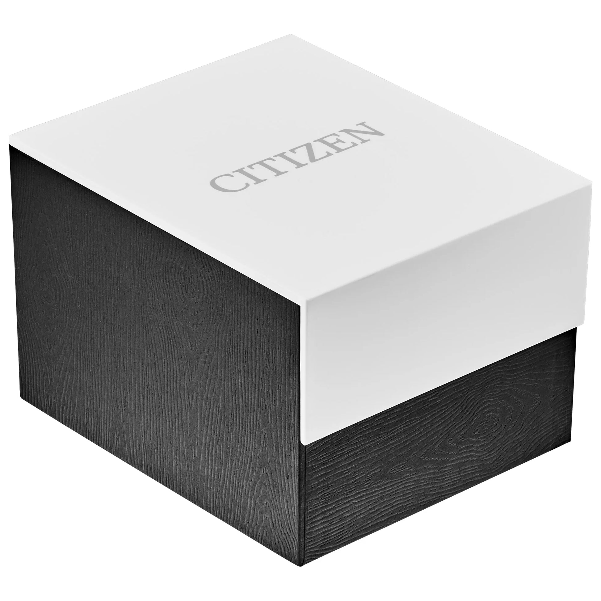 Citizen watch presentation box with white top lid featuring the Citizen logo and black textured base.