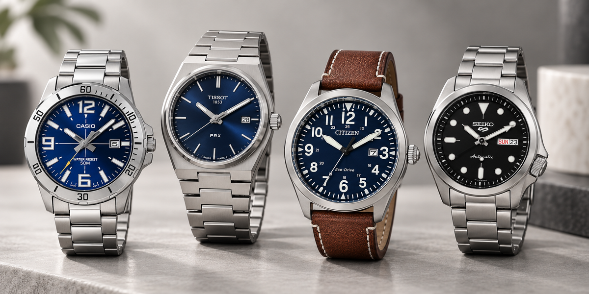 Seiko chronograph with blue dial and steel bracelet worn on a wrist