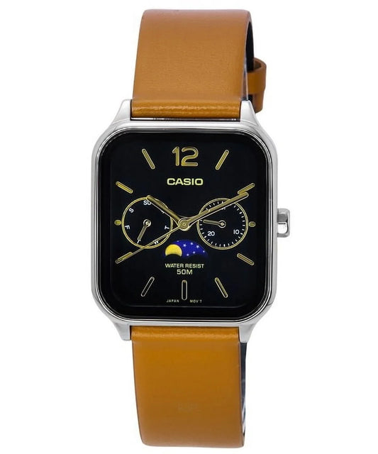 Standard Analog Moon Phase Leather Strap Black Dial Quartz MTP-M305L-1A Men'S Watch