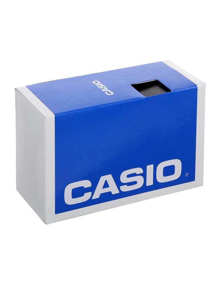 Caja original Casio azul y blanca cerrada con ventana superior y logotipo en el exterior