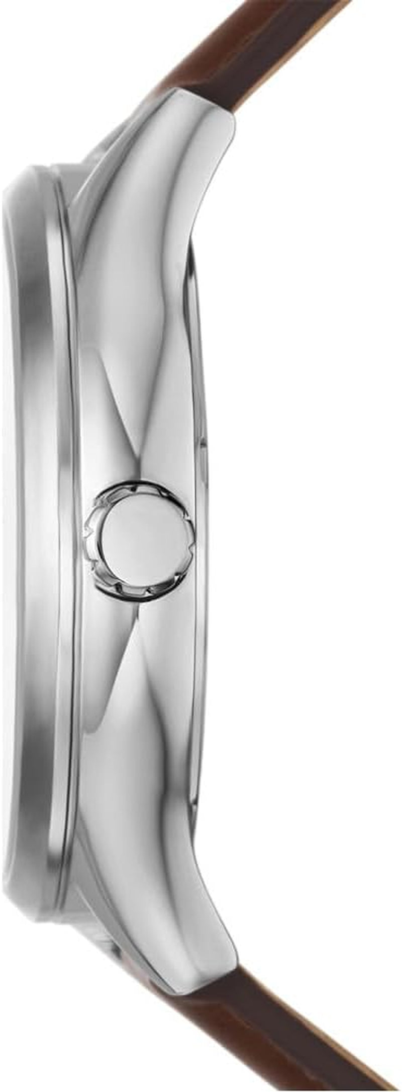 Reloj Fossil analógico con correa de cuero marrón mostrado en vista lateral, destacando el perfil de la caja y la corona.