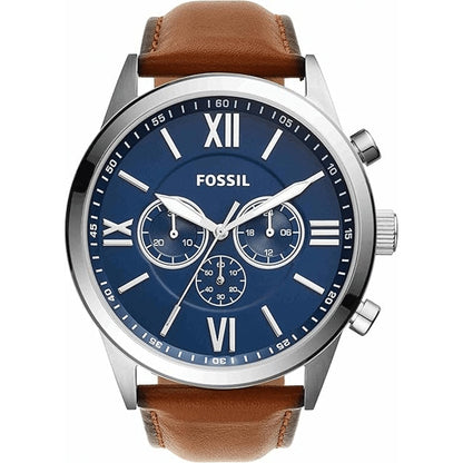 Fossil BQ2125IE chronograph watch with blue dial, silver-tone case, Roman numeral markers, and brown leather strap with contrast stitching.