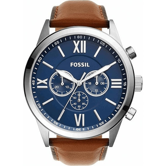 Fossil BQ2125IE chronograph watch with blue dial, silver-tone case, Roman numeral markers, and brown leather strap with contrast stitching.