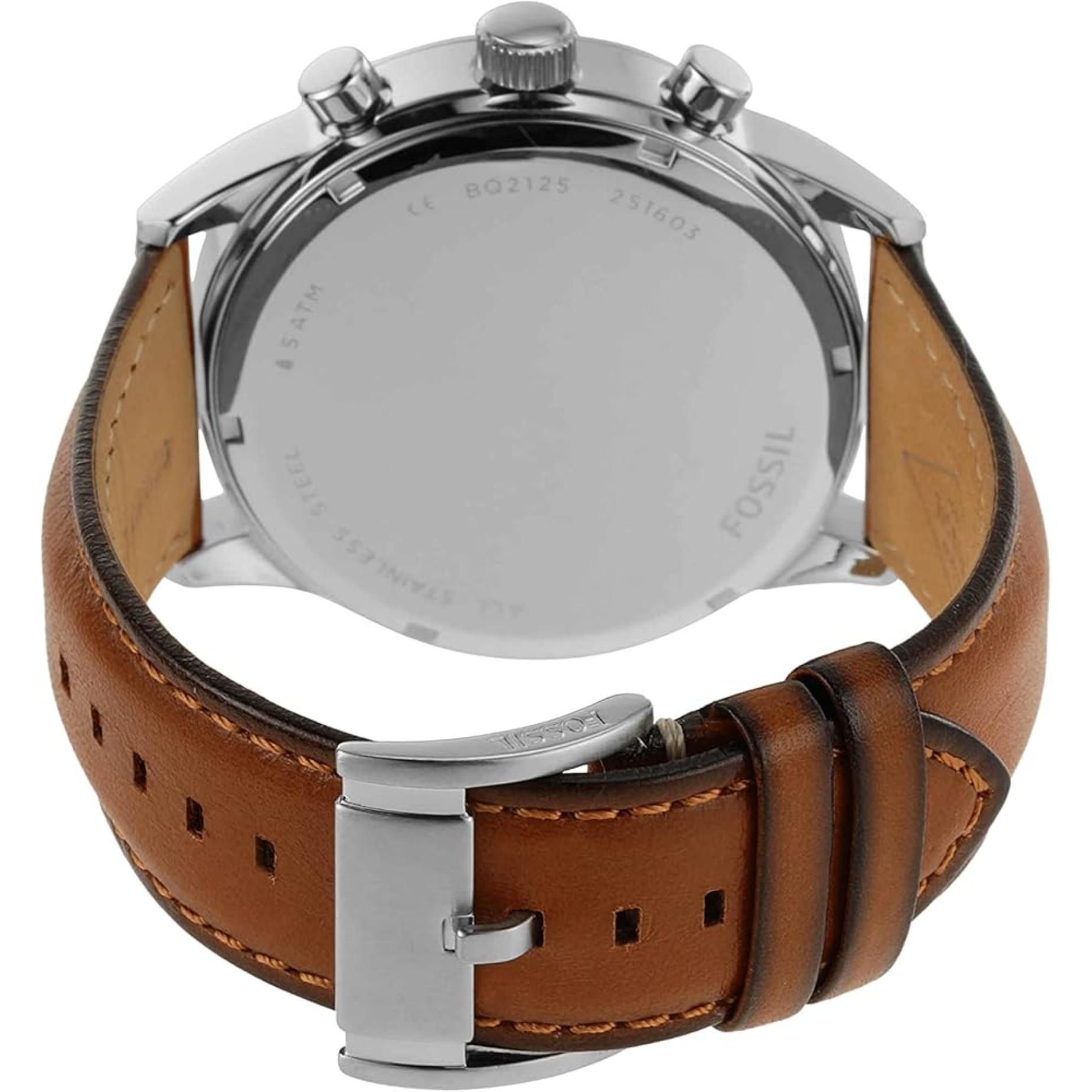 Fossil BQ2125IE with stainless steel rear case, chronograph pushers, and brown leather strap with stitched edges and stainless steel buckle closure.