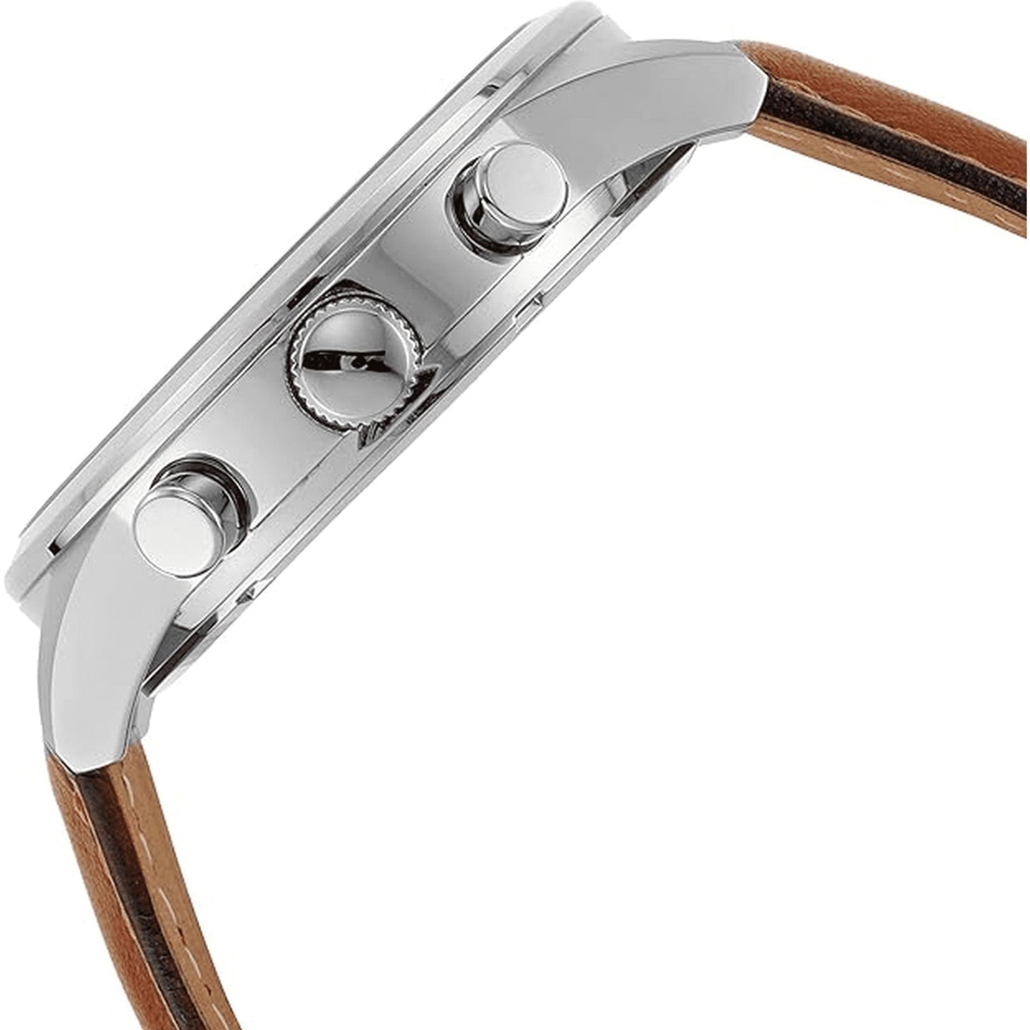 Fossil BQ2125IE with polished stainless steel case, textured crown, and chronograph pushers shown in a detailed side profile view.