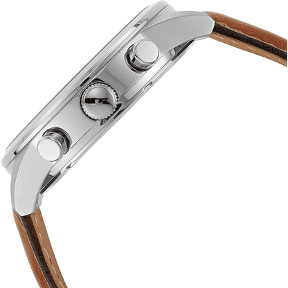Fossil BQ2125IE with polished stainless steel case, textured crown, and chronograph pushers shown in a detailed side profile view.