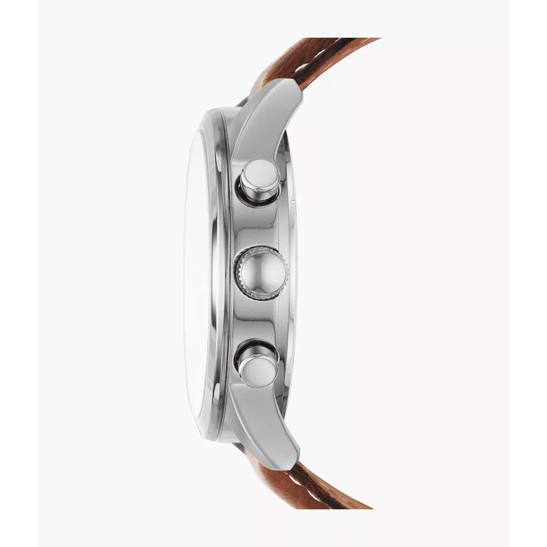 Fossil BQ2125IE with stainless steel case profile, textured crown, and polished chronograph pushers paired with a brown leather strap.