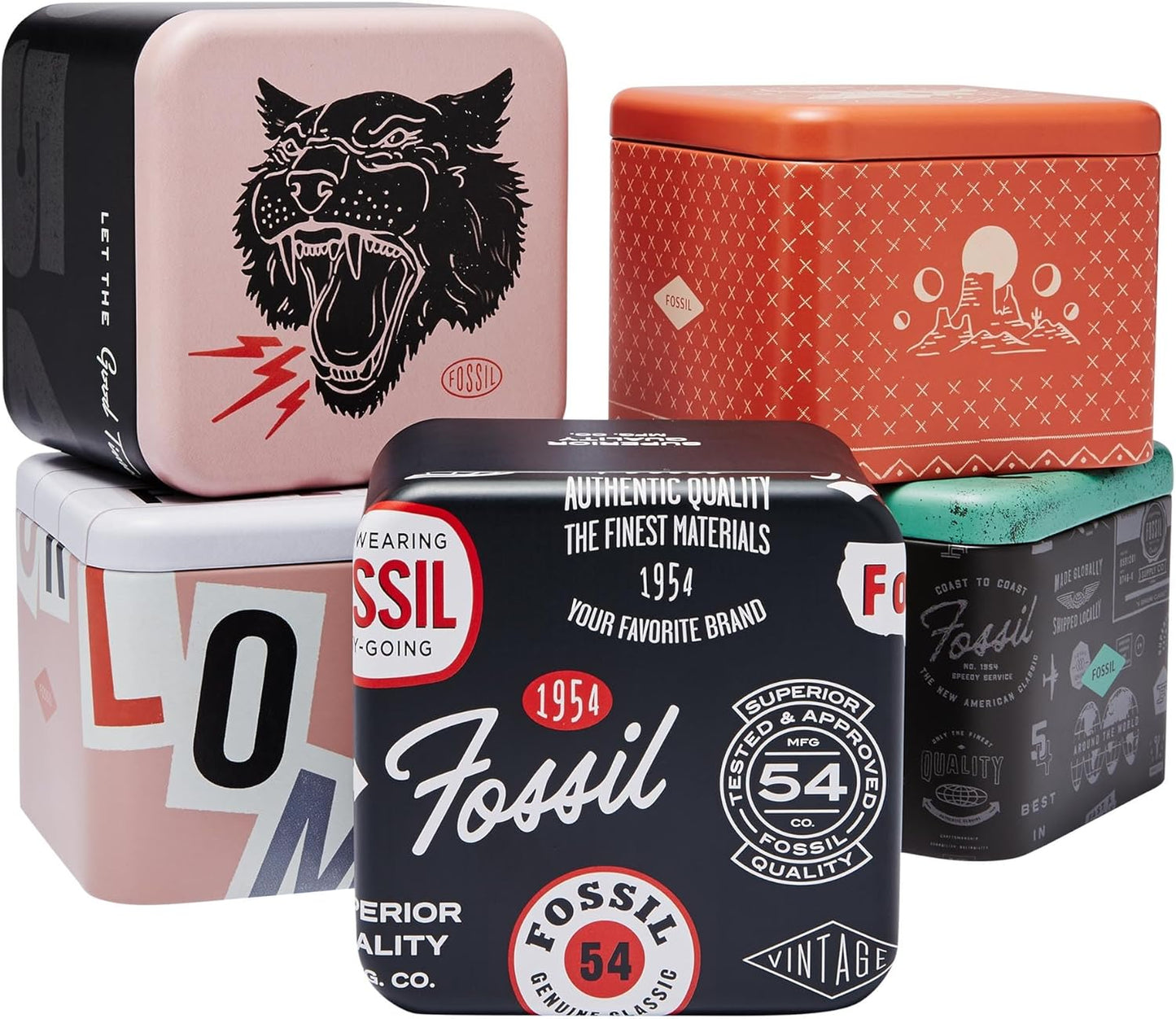Cajas metálicas Fossil para relojes con diseños gráficos vintage y logotipo de la marca.