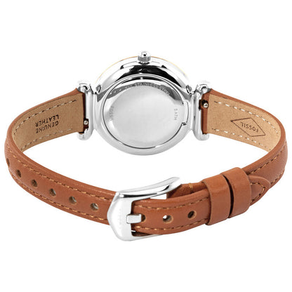 Fossil Carlie Mini ES4701 with a polished silver-tone caseback, brown leather strap, and Fossil-branded silver-tone buckle.