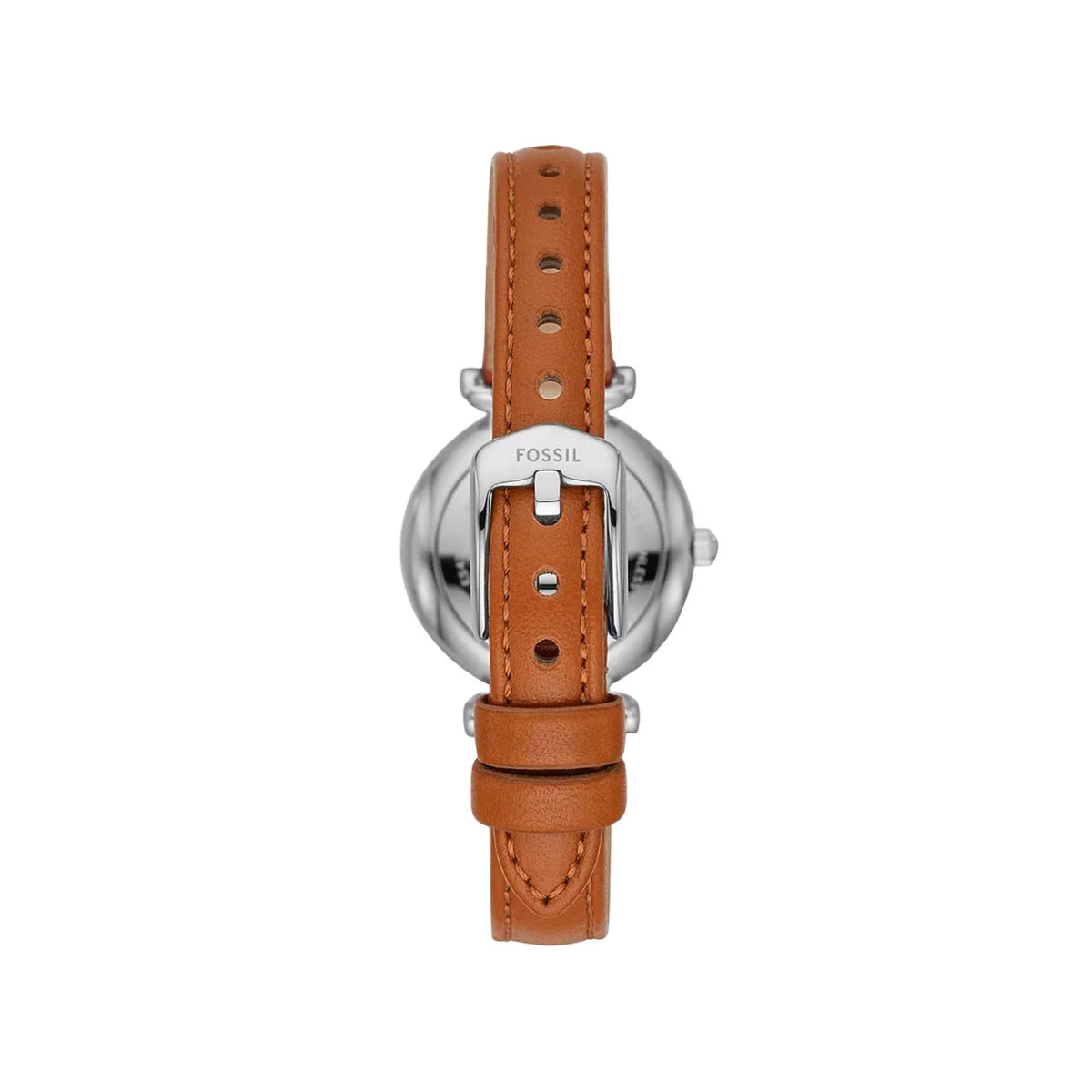 Fossil Carlie Mini ES4701 with a polished silver-tone caseback, brown leather strap, and Fossil-branded silver-tone buckle.