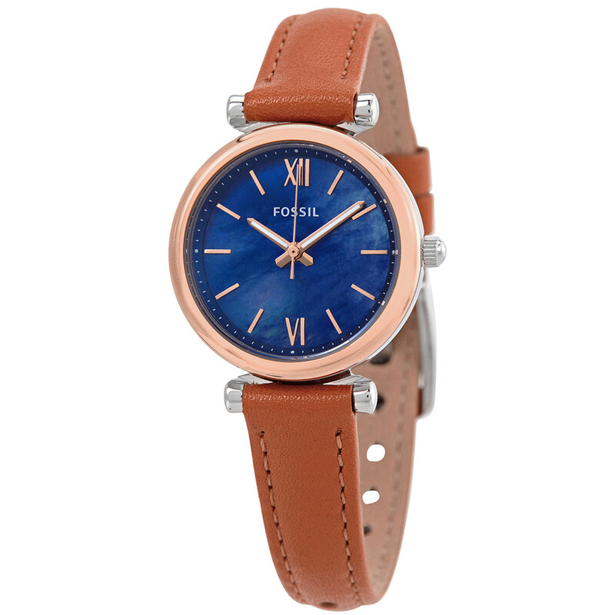 Fossil Carlie Mini ES4701 with a blue mother-of-pearl dial, rose gold-tone hands and hour markers, rose gold-tone case, and brown leather strap.