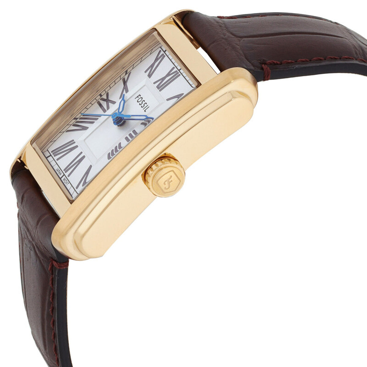 Fossil Carraway FS6011 with a silver dial, blue hands, Roman numeral hour markers, gold-tone rectangular case, signed crown, and brown leather strap.