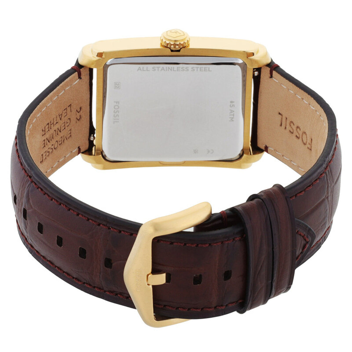 Fossil Carraway FS6011 with a stainless steel caseback, gold-tone case, brown leather strap, and matching gold-tone buckle.