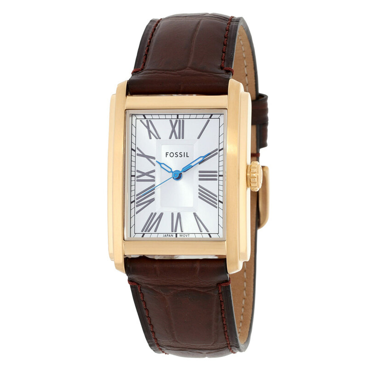Fossil Carraway FS6011 with a silver dial, Roman numeral hour markers, blue hands, rectangular gold-tone case, and brown leather strap.