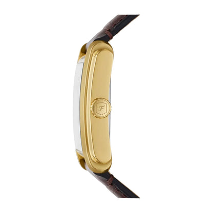 Fossil Carraway FS6011 with a slim gold-tone rectangular case, signed crown, and brown leather strap.