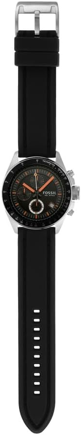 Reloj Fossil cronógrafo mostrado en vista completa, con correa negra de silicona extendida y esfera negra con detalles en naranja.