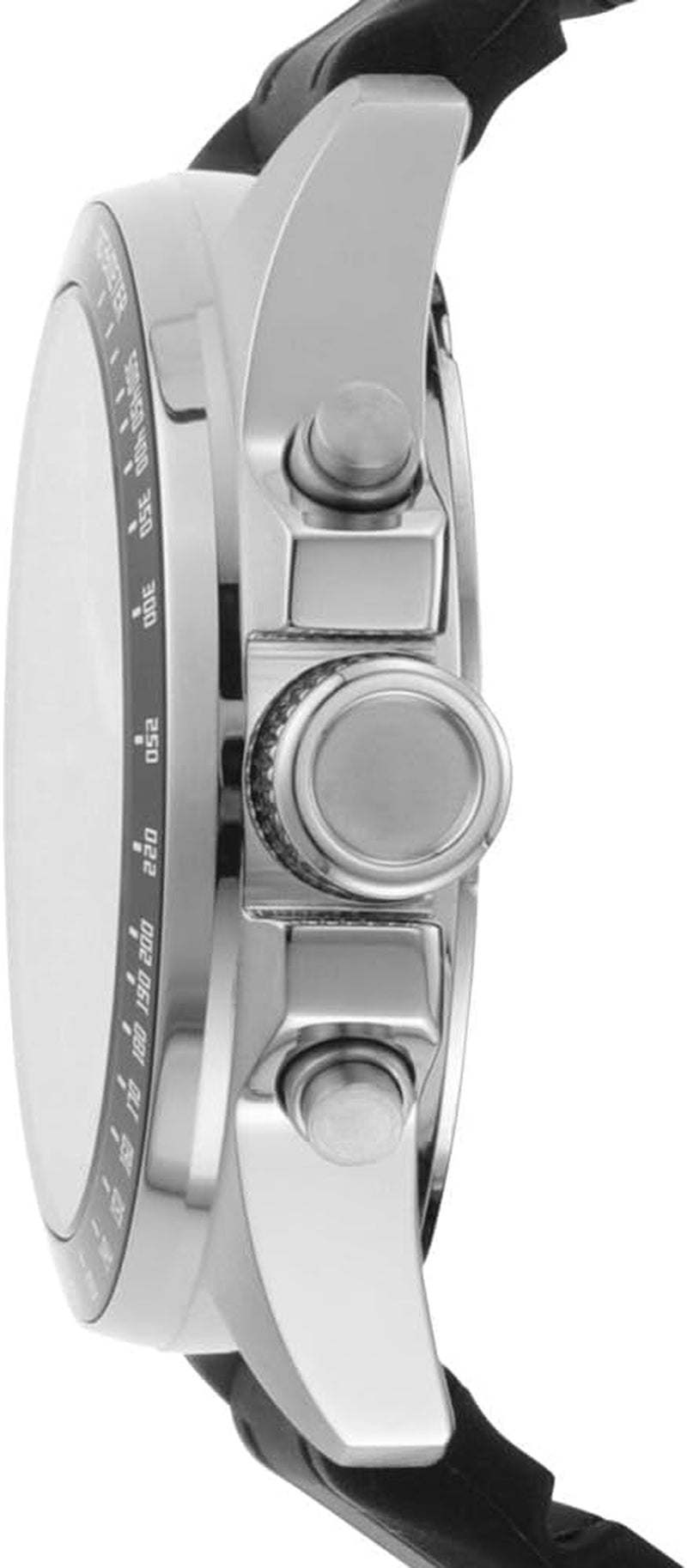 Vista lateral del reloj Fossil cronógrafo, mostrando la caja de acero inoxidable, la corona y los pulsadores, junto a la correa negra.