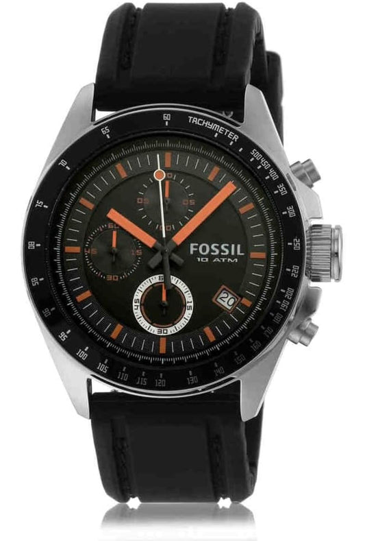 Reloj Fossil Decker CH2647 con esfera negra, detalles naranjas y correa negra, vista frontal