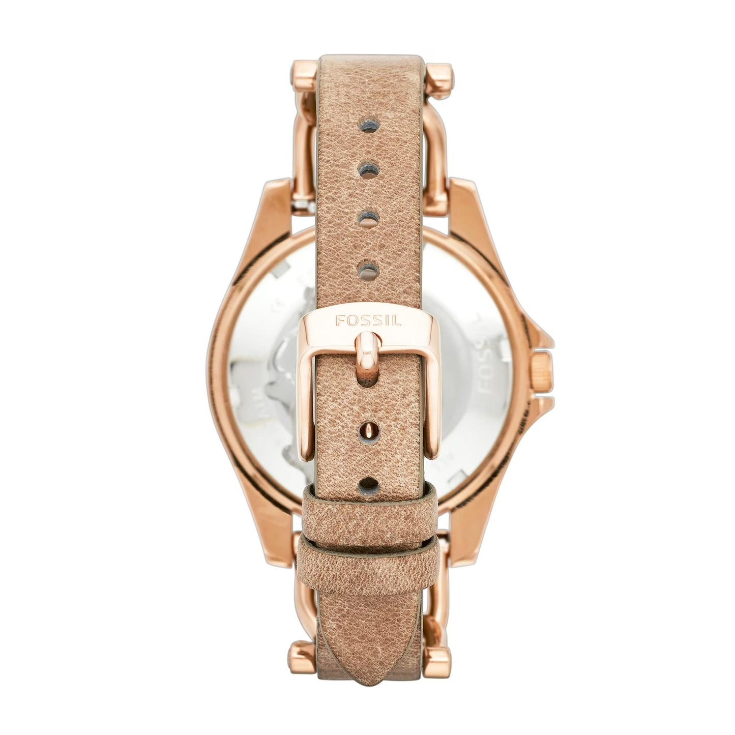 Fossil ES3466 womens watch rear view showing rose gold tone caseback and beige leather strap with buckle closure