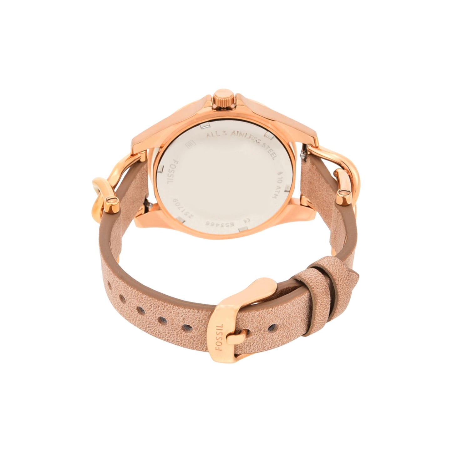 Fossil ES3466 womens watch rear view showing rose gold tone caseback and beige leather strap with buckle closure