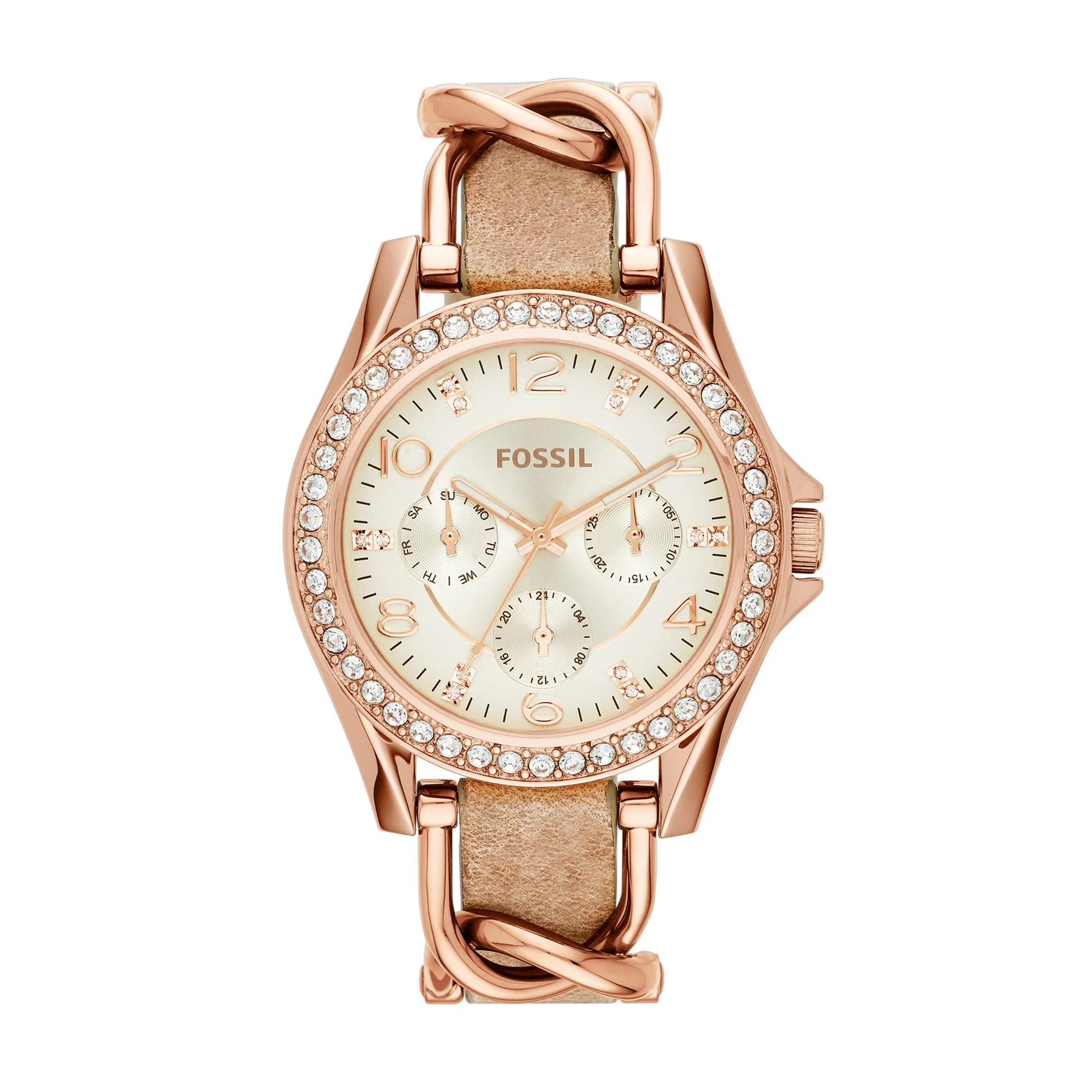 Fossil ES3466 womens dress watch with rose gold tone case, crystal bezel, champagne dial and beige leather strap in elegant style