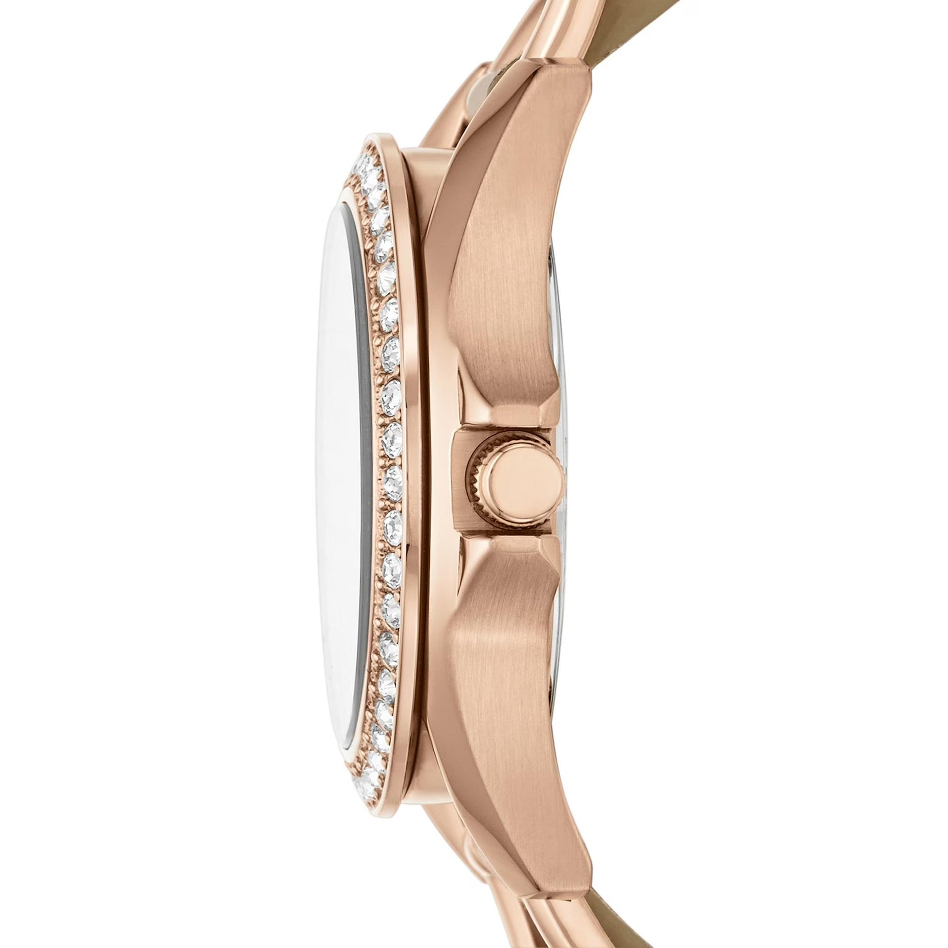 Fossil ES3466 womens watch side profile showing rose gold tone case, crown detail and crystal embellished bezel