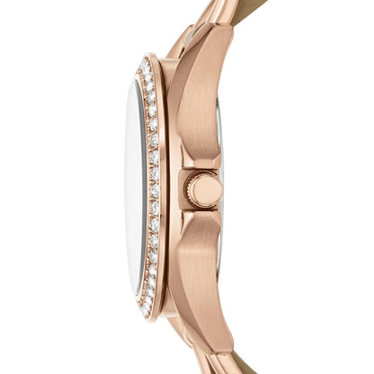 Fossil ES3466 womens watch side profile showing rose gold tone case, crown detail and crystal embellished bezel