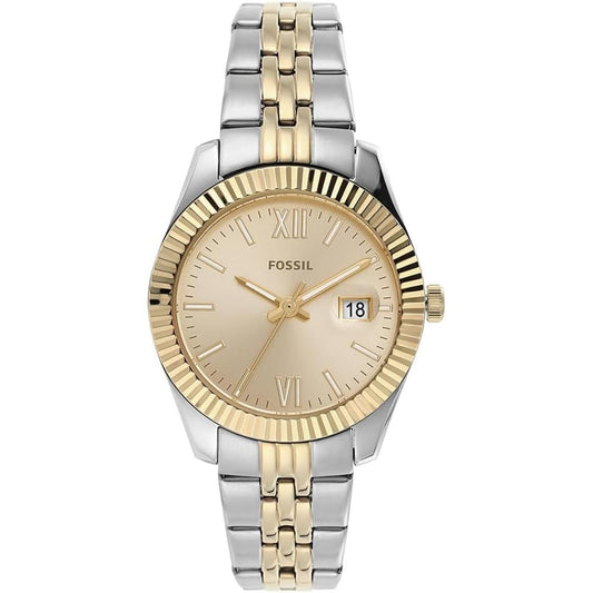 Fossil ES4949 with gold dial, Roman numeral hour markers, fluted bezel, stainless steel case and two-tone stainless steel bracelet.