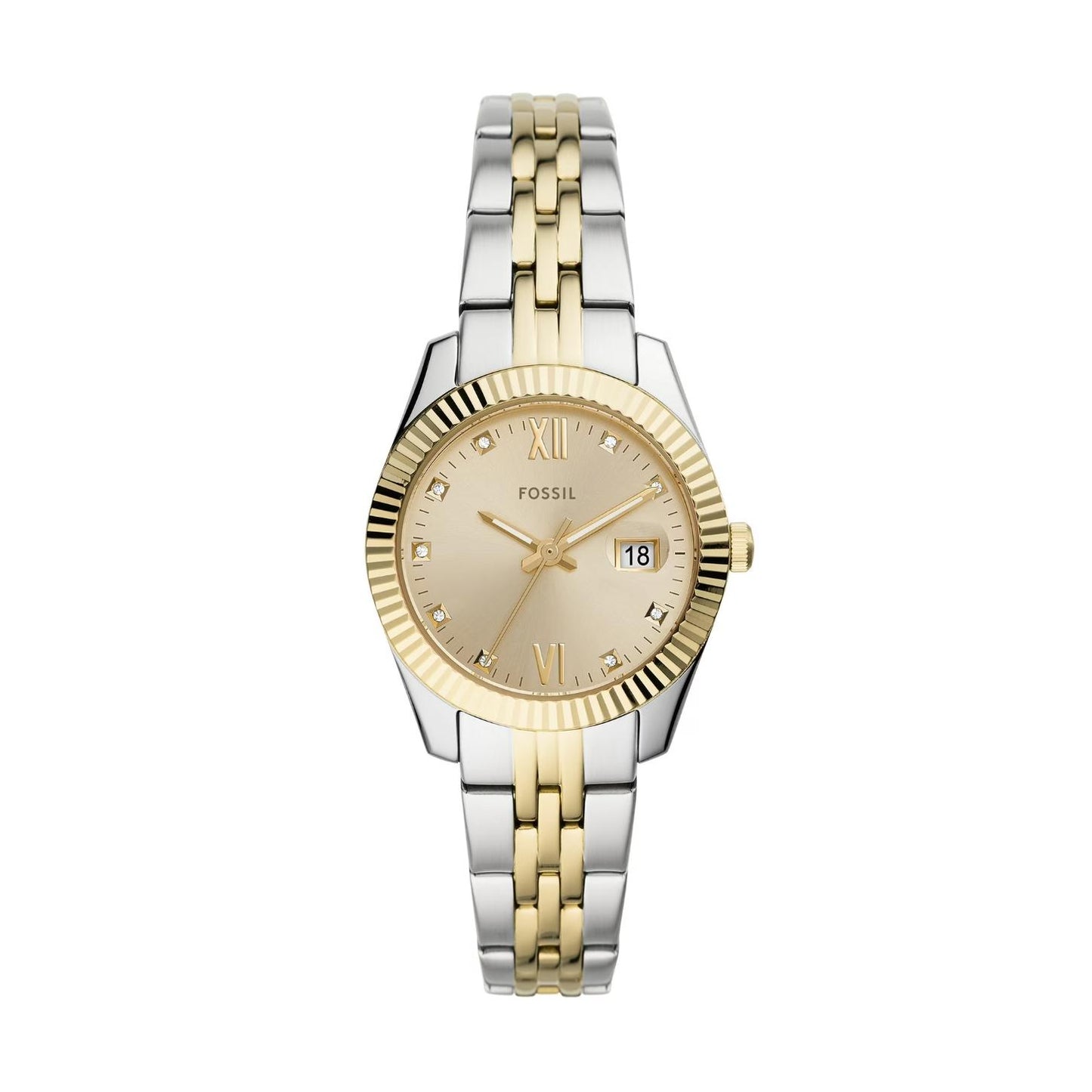 Fossil ES4949 women’s dress watch with gold-tone dial, crystal hour markers, fluted bezel, date display and two-tone stainless steel bracelet.
