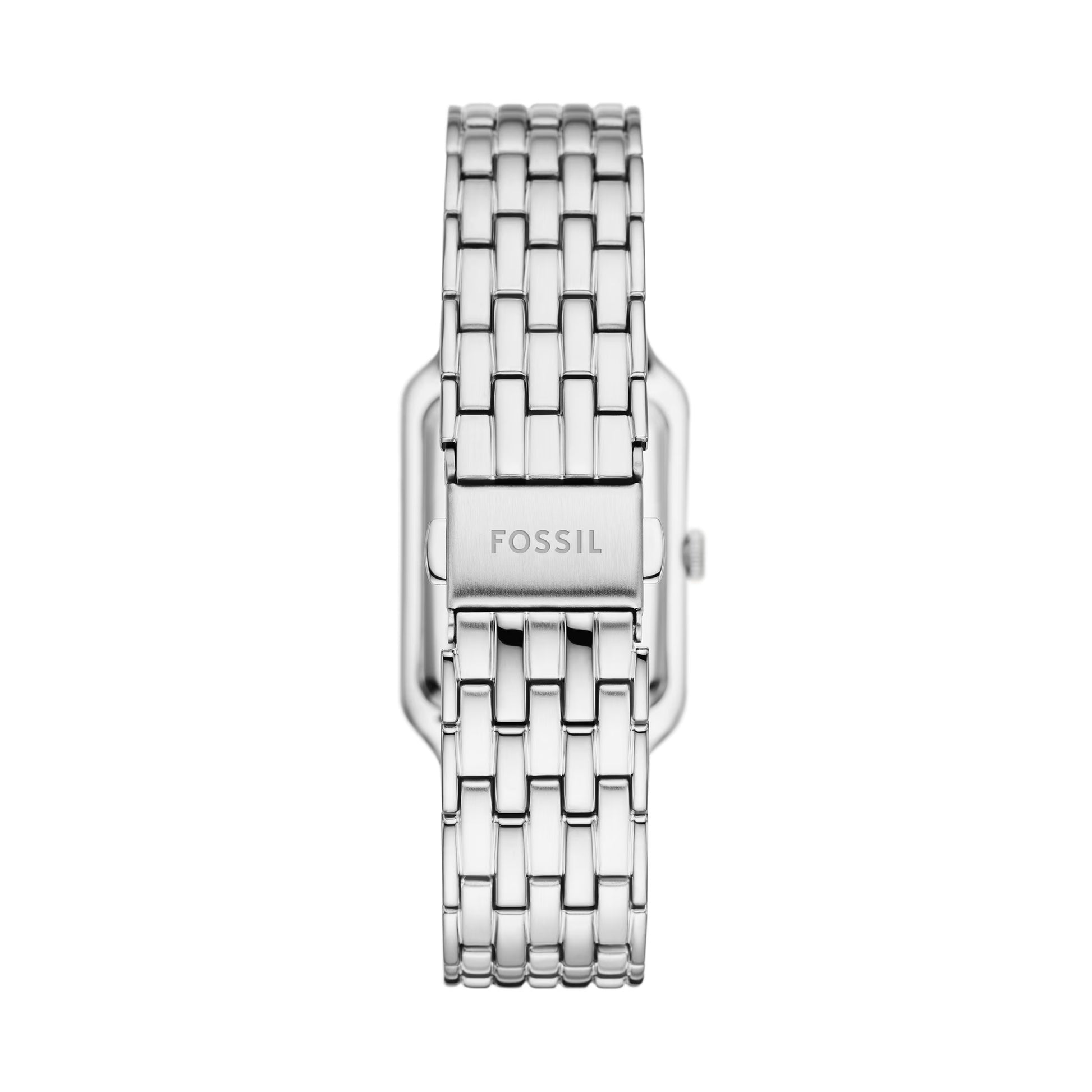 Fossil ES5306 womens watch rear view showing stainless steel bracelet with fold over clasp and Fossil logo detail