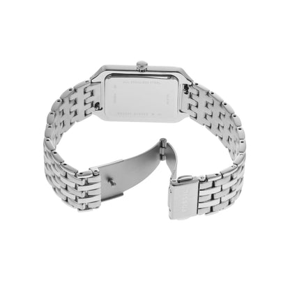 Fossil ES5306 womens watch rear view showing rectangular caseback and stainless steel bracelet with open fold over clasp