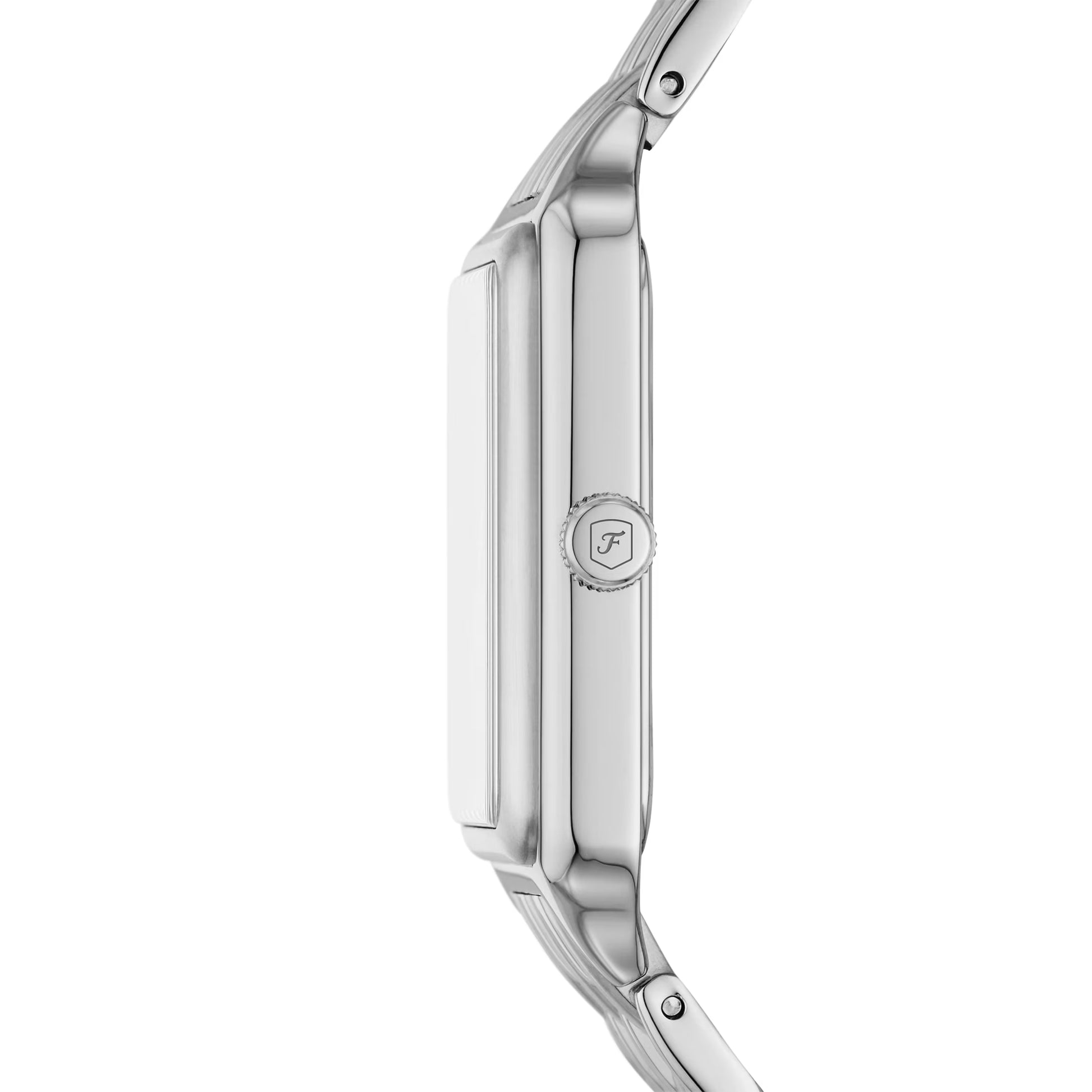 Fossil ES5306 womens watch side profile showing slim rectangular stainless steel case and crown detail