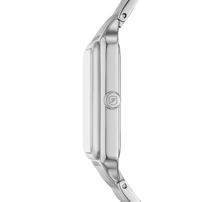 Fossil ES5306 womens watch side profile showing slim rectangular stainless steel case and crown detail