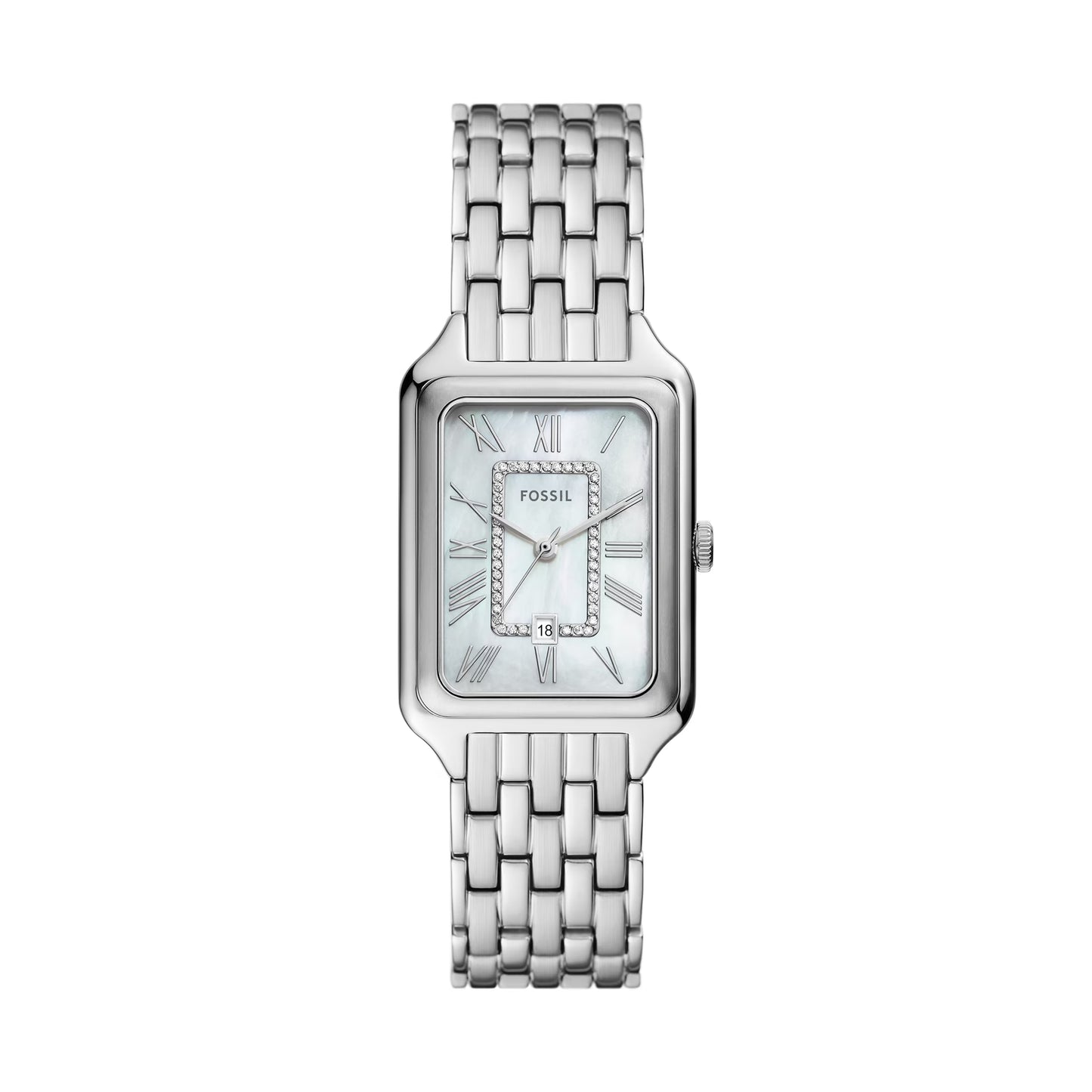 Fossil ES5306 womens rectangular dress watch with mother of pearl dial, Roman numerals, crystal accents and stainless steel bracelet