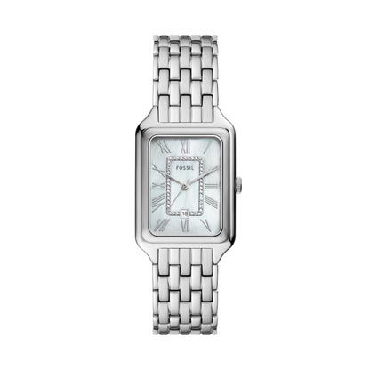 Fossil ES5306 womens rectangular dress watch with mother of pearl dial, Roman numerals, crystal accents and stainless steel bracelet