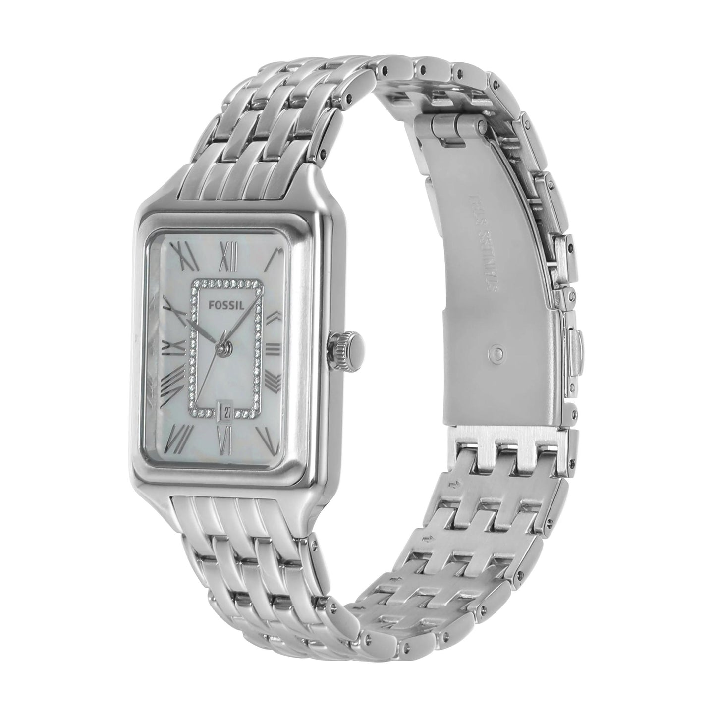 Fossil ES5306 womens rectangular watch angled view with mother of pearl dial, crystal accents and stainless steel bracelet