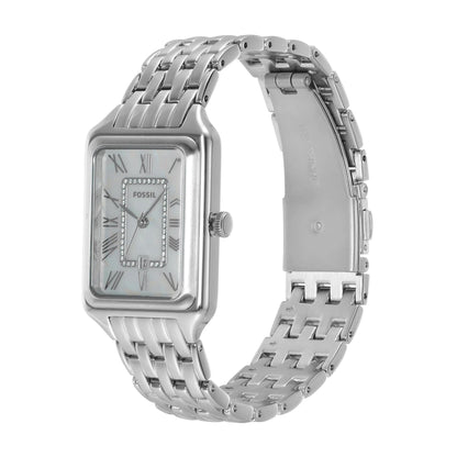 Fossil ES5306 womens rectangular watch angled view with mother of pearl dial, crystal accents and stainless steel bracelet