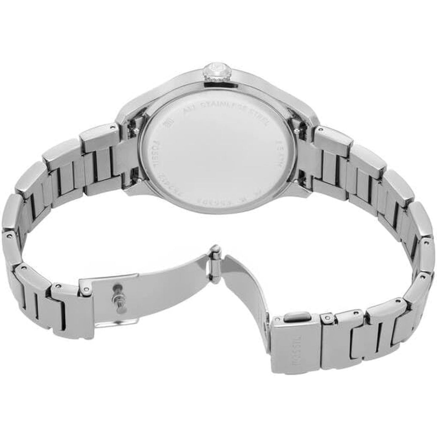 Fossil ES5393 with stainless steel caseback, stainless steel case and stainless steel bracelet with folding clasp.