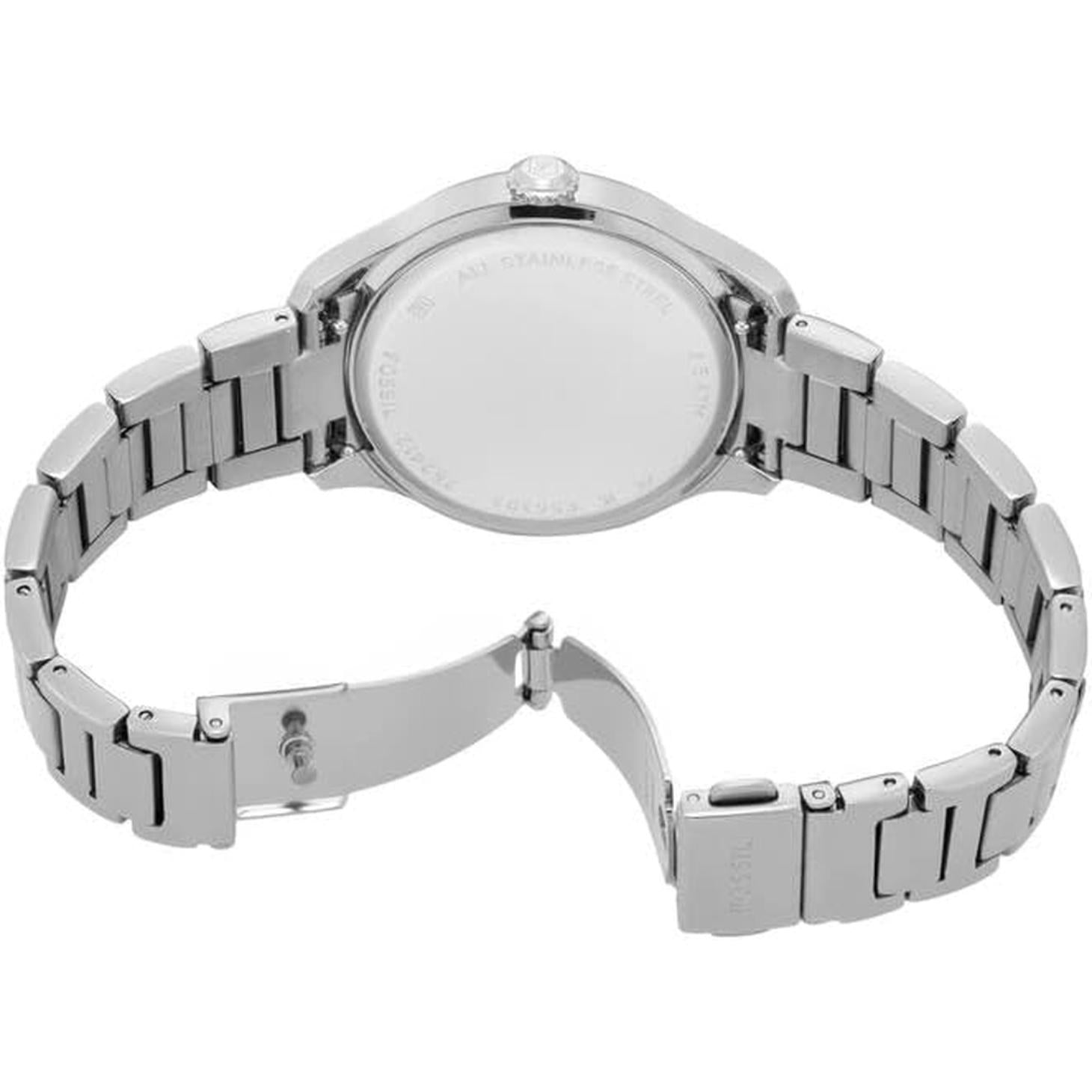 Fossil ES5393 with stainless steel caseback, stainless steel case and stainless steel bracelet with folding clasp.